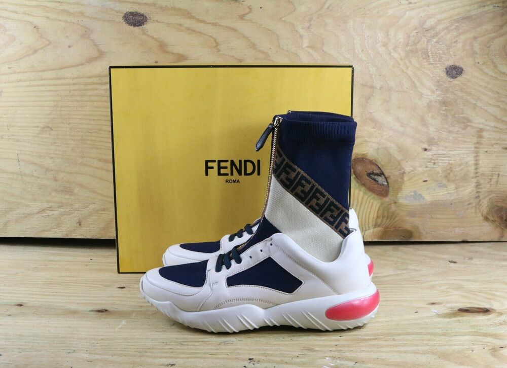 Fendi Sneakers Mens Sz 8 Mania  Logo Sock Leather Printed Knitted Athletic